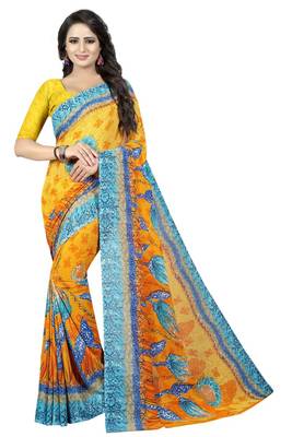 Yellow printed georgette saree with blouse 1