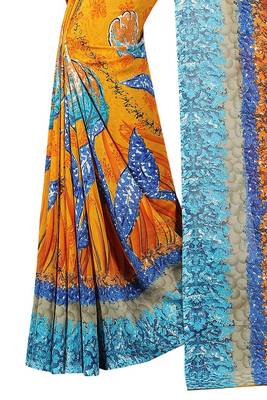 Yellow printed georgette saree with blouse 2