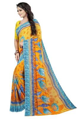 Yellow printed georgette saree with blouse 3