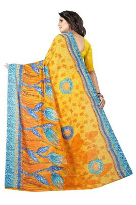 Yellow printed georgette saree with blouse 4