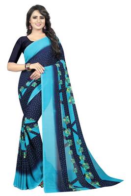 Blue printed georgette saree with blouse 1
