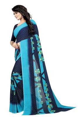 Blue printed georgette saree with blouse 3