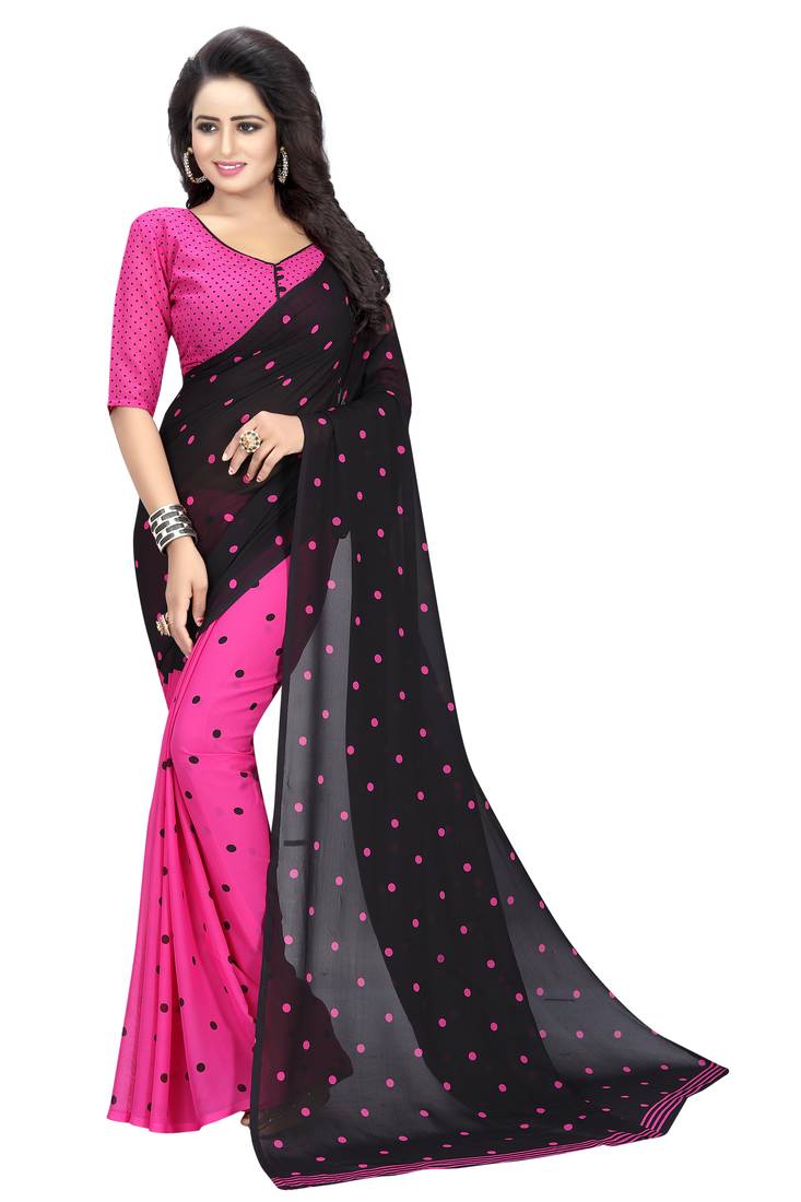 Pink printed georgette saree with blouse