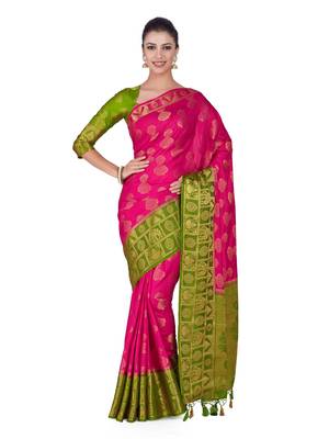 Pink woven art silk saree with blouse 1