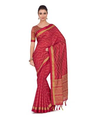 Red Woven Tussar Silk Saree With Blouse 1
