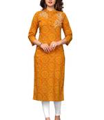 Yellow embroidered cotton kurtis