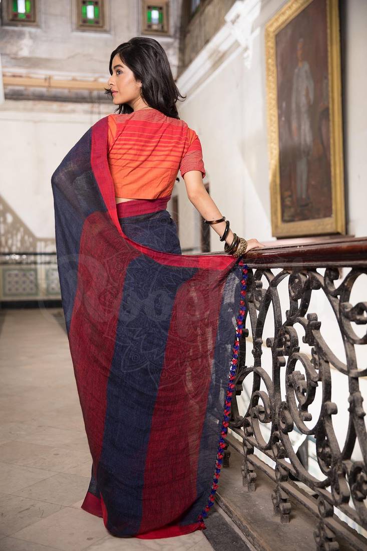 Navy Blue Organic Linen Saree With Maroon Border ROOPKATHA 2761239