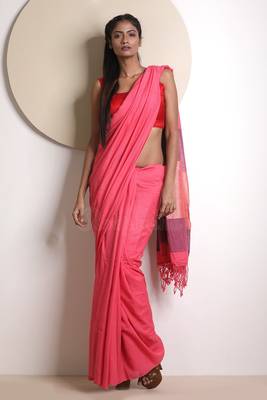 Punch Pink Cotton Saree With Texture 1