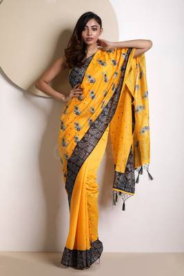 Yellow Varanasi Cotton Saree With Embroidery 1