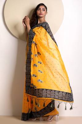 Yellow Varanasi Cotton Saree With Embroidery 2