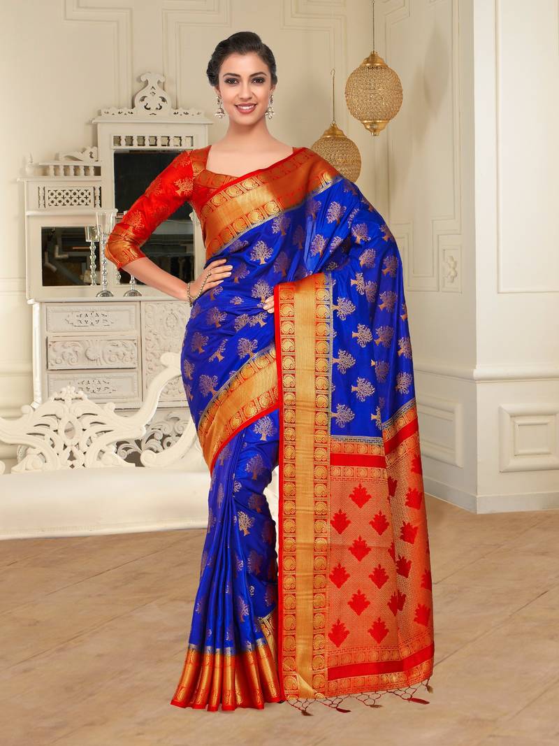 Blue woven art silk saree with blouse