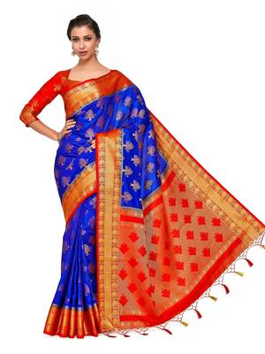 Blue woven art silk saree with blouse 3