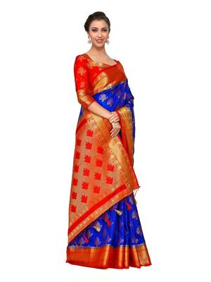 Blue woven art silk saree with blouse 4