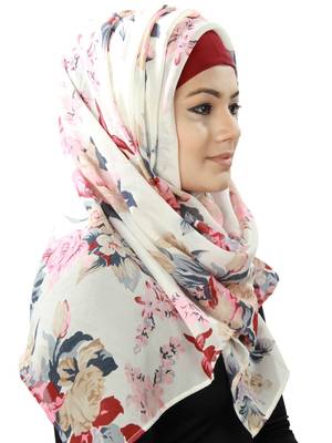 MyBatua Mukhlisah White Floral Print Georgette Hijab 1
