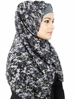 MyBatua Shareekah Black And Grey Floral Print Georgette Hijab 1