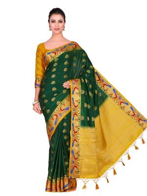 Green Woven Art Silk Saree With Blouse 3