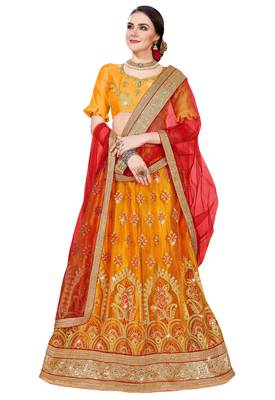 Yellow Embroidered Net Semi Stitched Lehenga With Dupatta 1