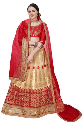 Beige Embroidered Net Semi Stitched Lehenga With Dupatta
