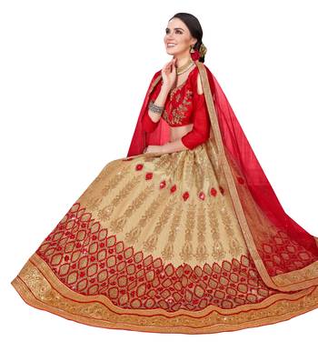 Beige Embroidered Net Semi Stitched Lehenga With Dupatta 2
