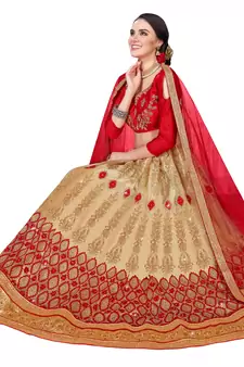 Beige Embroidered Net Semi Stitched Lehenga With Dupatta