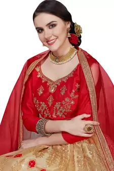 Beige Embroidered Net Semi Stitched Lehenga With Dupatta