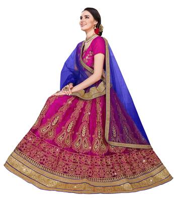 Pink Embroidered Net Semi Stitched Lehenga With Dupatta 2