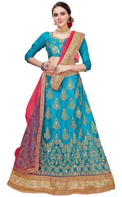 Blue Embroidered Net Semi Stitched Lehenga With Dupatta 1