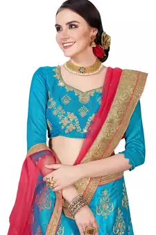 Blue Embroidered Net Semi Stitched Lehenga With Dupatta