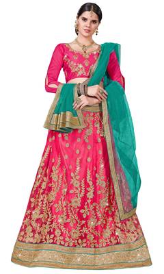Pink Embroidered Net Semi Stitched Lehenga With Dupatta 1