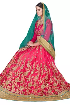 Pink Embroidered Net Semi Stitched Lehenga With Dupatta