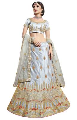 Grey Embroidered Art Silk Semi Stitched Lehenga With Dupatta 1