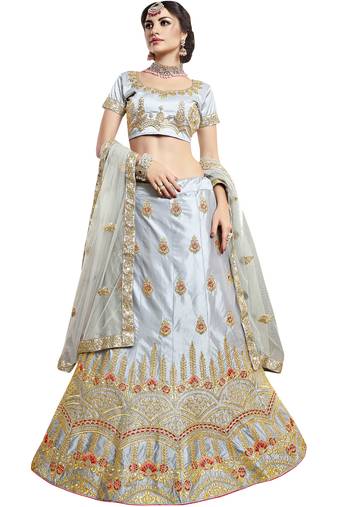 Grey Embroidered Art Silk Semi Stitched Lehenga With Dupatta