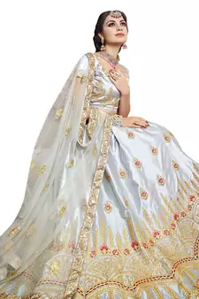 Grey Embroidered Art Silk Semi Stitched Lehenga With Dupatta