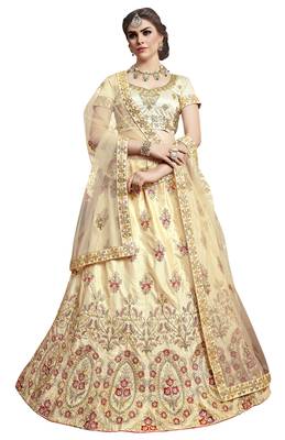 Beige Embroidered Art Silk Semi Stitched Lehenga With Dupatta 1