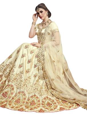 Beige Embroidered Art Silk Semi Stitched Lehenga With Dupatta 2