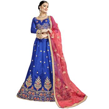 Blue Embroidered Art Silk Semi Stitched Lehenga With Dupatta 1