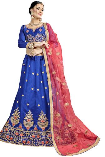 Blue Embroidered Art Silk Semi Stitched Lehenga With Dupatta