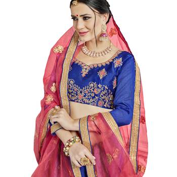 Blue Embroidered Art Silk Semi Stitched Lehenga With Dupatta 2