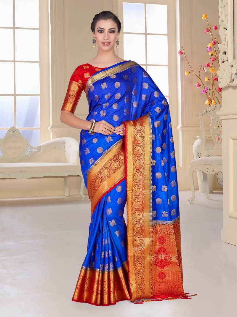 Blue woven art silk saree with blouse