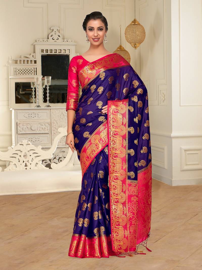 Blue Woven Art Silk Saree With Blouse