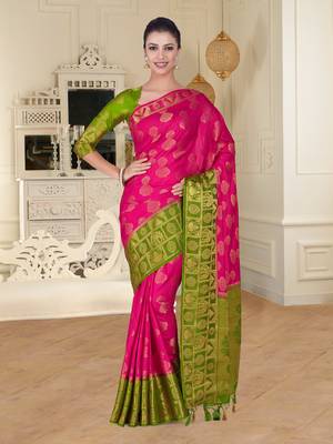Pink woven art silk saree with blouse 2