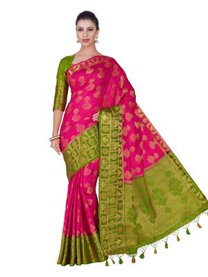 Pink woven art silk saree with blouse 3