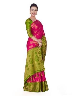 Pink woven art silk saree with blouse 4
