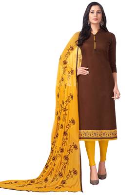 Brown Embroidered Cotton Salwar With Dupatta 1