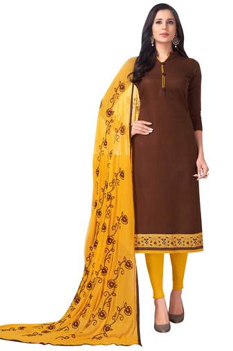 Brown Embroidered Cotton Salwar With Dupatta
