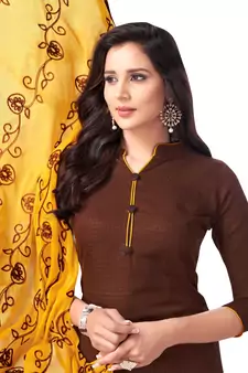 Brown Embroidered Cotton Salwar With Dupatta