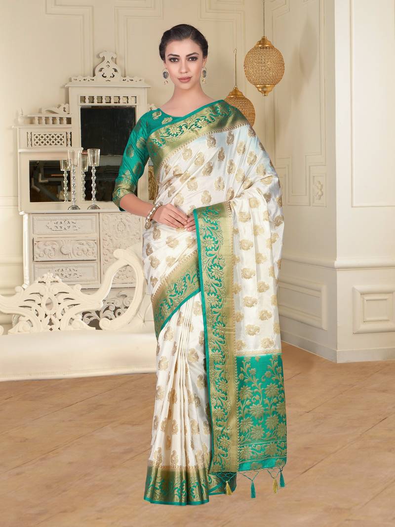 Beige Woven Art Silk Saree With Blouse