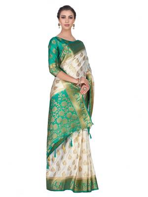 Beige Woven Art Silk Saree With Blouse 3