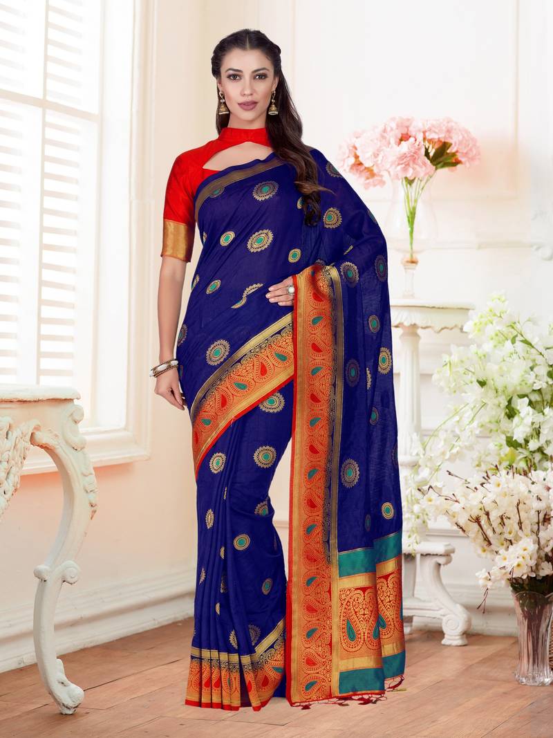 Blue Woven Art Silk Saree With Blouse
