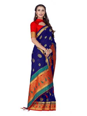 Blue Woven Art Silk Saree With Blouse 4